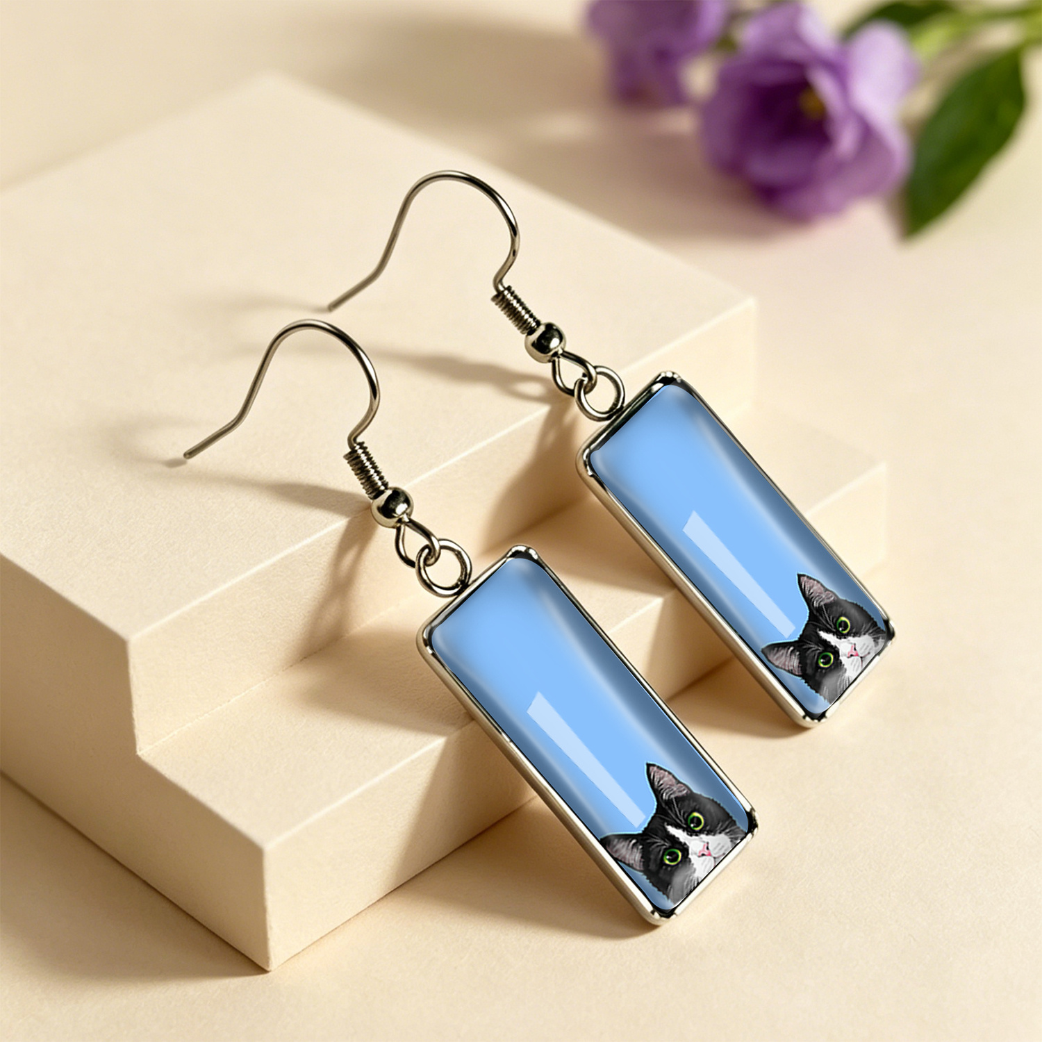 Women's Black And White Spotted Cats Rectangular Time Gem Earrings